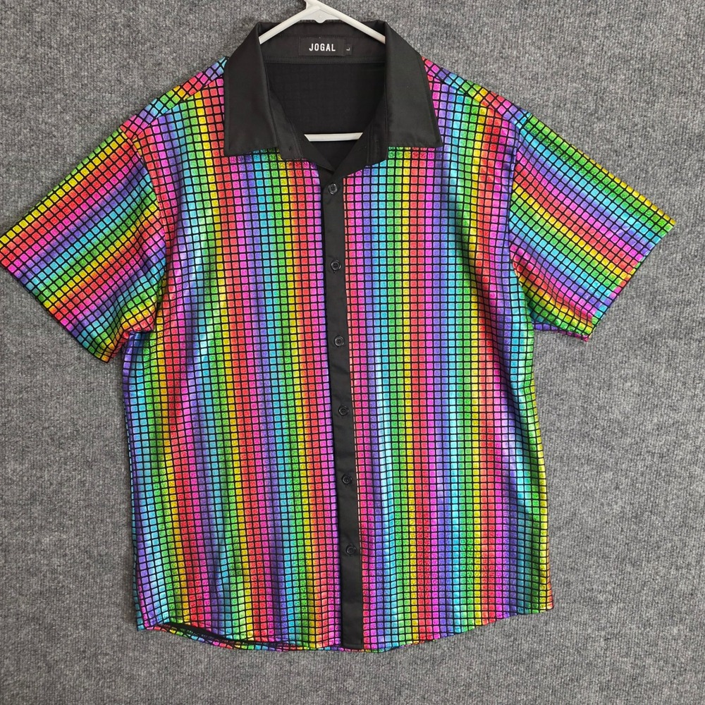 JOGAL Shirt Mens Large Rainbow Metallic Disco Short Sleeve Button Up Party Pride